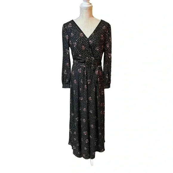 Kate & Mallory Black Gold Floral Long Sleeve V-Neck Maxi Dress Women’s size XS - Picture 1 of 16